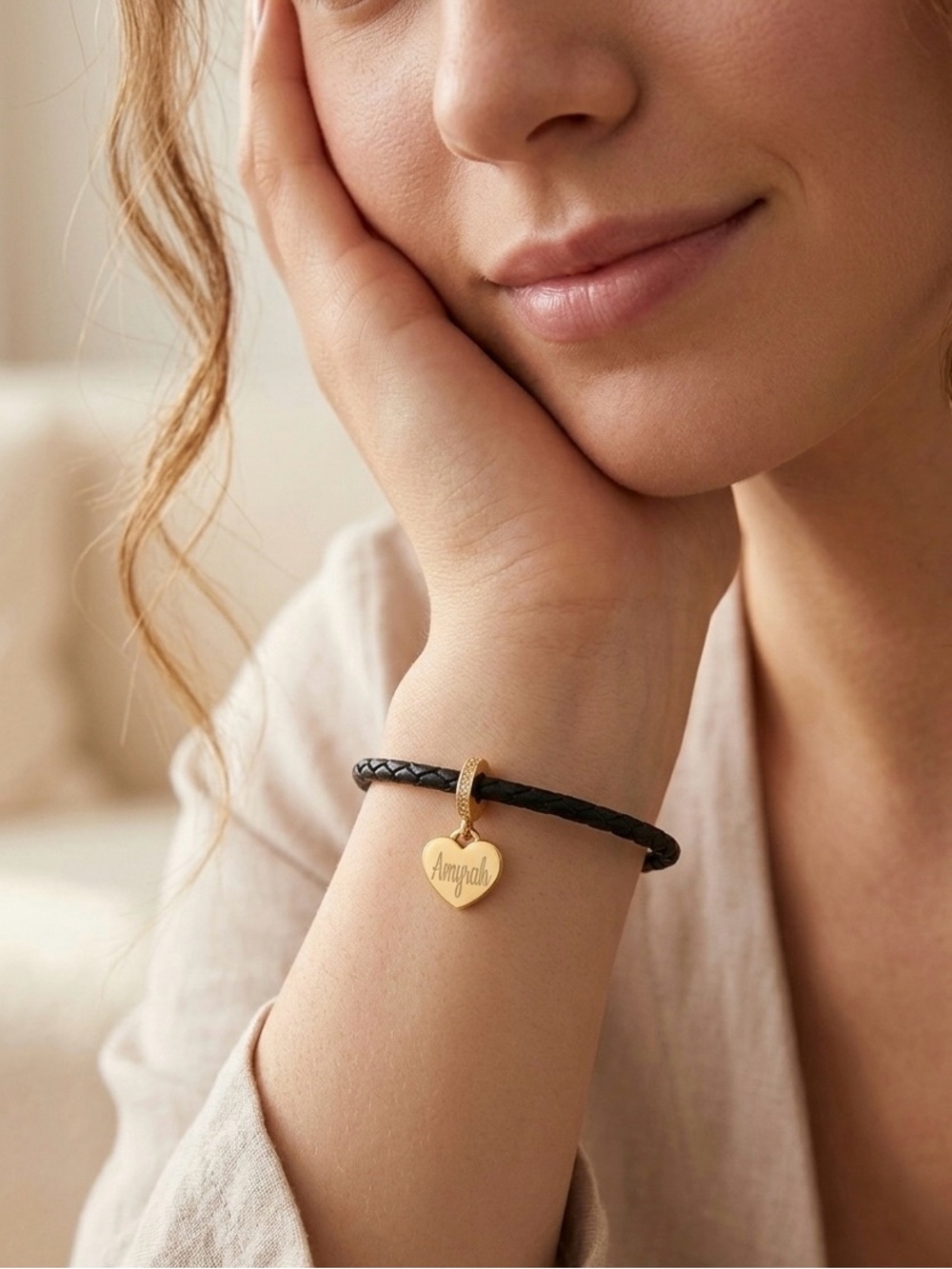 Linx Black Braided Leather Bolo Cord Charm Bracelet & Personalized Heart Charm